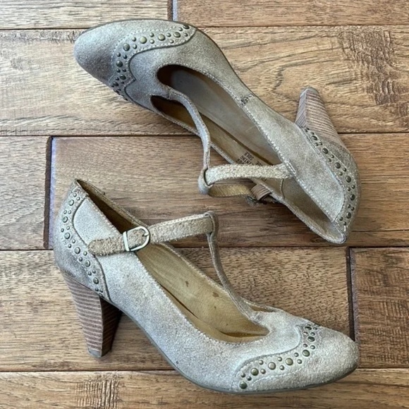 Anthropologie Chocolat Blu Odette T-Strap Mary Jane Heels Tan Leather Size 8.5 - Picture 1 of 14